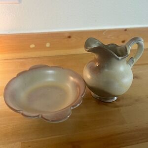 Frankoma Pottery Pitcher and Scalloped Bowl Set Tan Brown Glaze